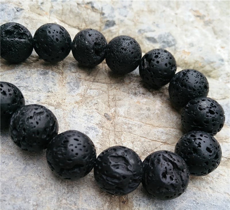 Fodattm 28PCS 14mm Black Round Natural Lava Rock Beads Volcanic Gemstone Loose Beads Lava Stone Beads Essential Oil Diffuser Necklace - Image 2